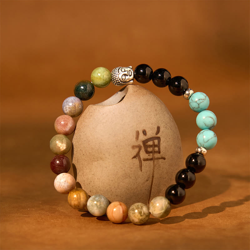 8mm Buddha Head Protection Bracelet with Mixed Gemstones
