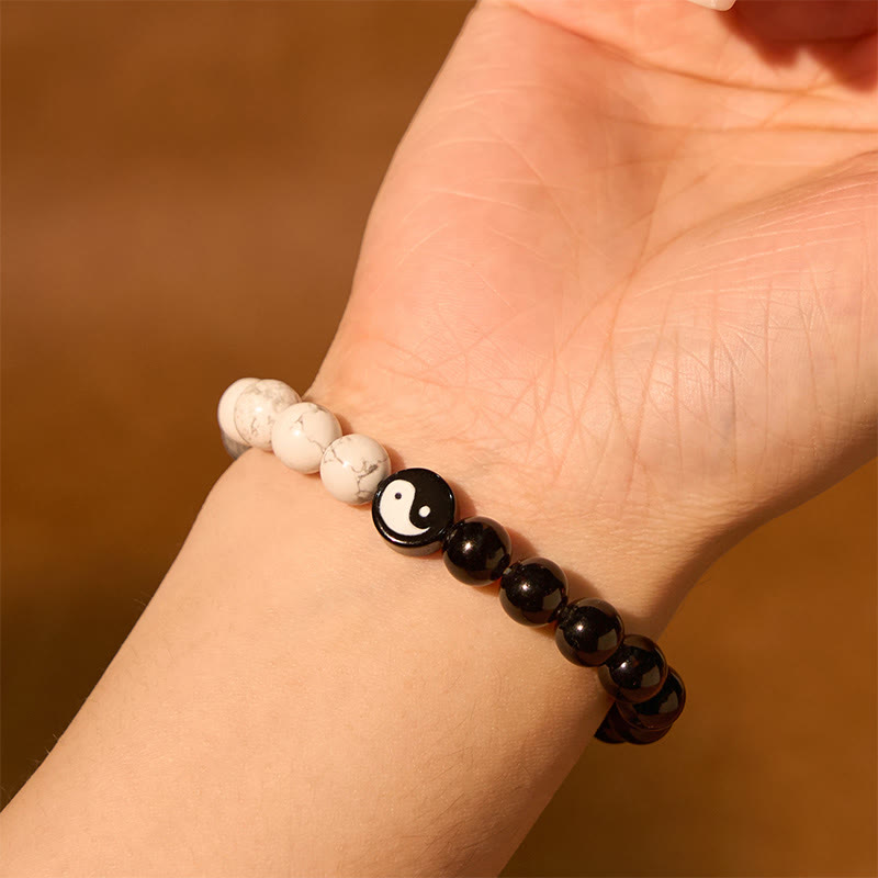 8mm Obsidian White Turquoise Yin Yang Bracelet for Balance