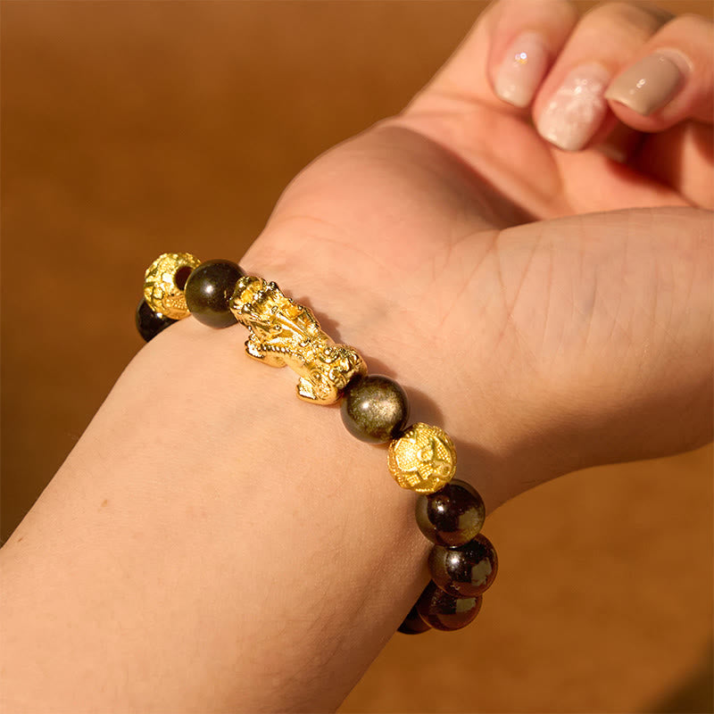 12mm Gold Sheen Obsidian Pixiu Om Mani Padme Hum Wealth Bracelet