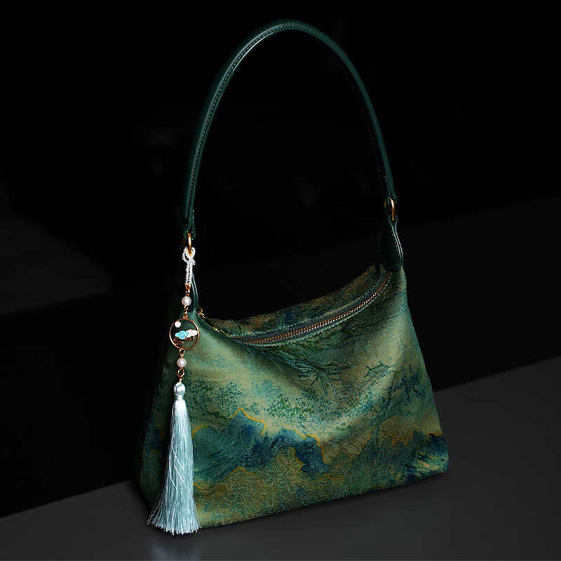 Lotus Bamboo Crane Deer Silk Crossbody Bag 26cm