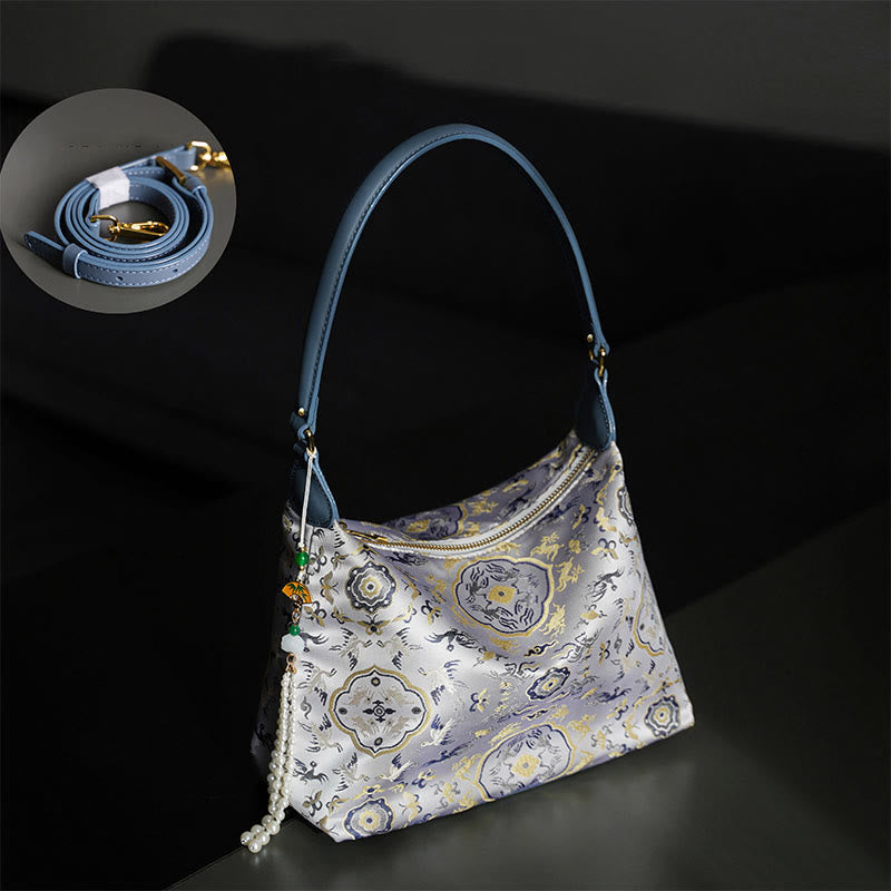 Lotus Bamboo Crane Deer Silk Crossbody Bag 26cm