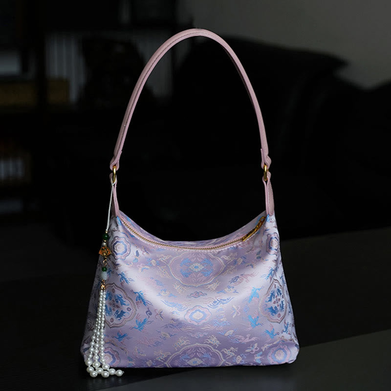 Lotus Bamboo Crane Deer Silk Crossbody Bag 26cm