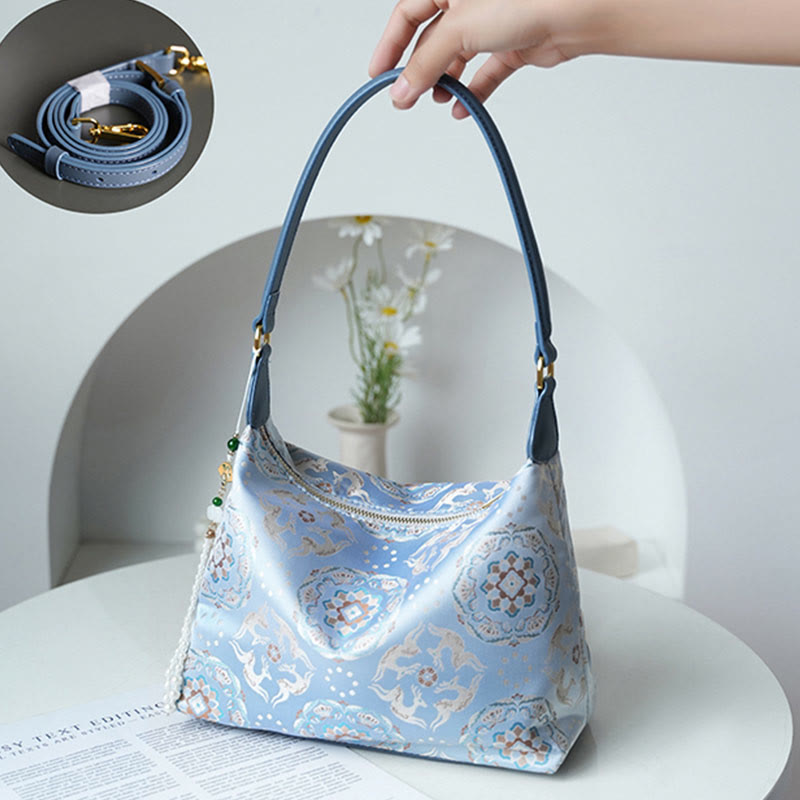 Lotus Bamboo Crane Deer Silk Crossbody Bag 26cm