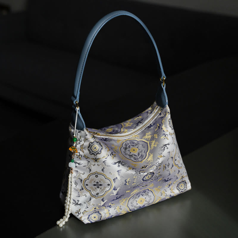 Lotus Bamboo Crane Deer Silk Crossbody Bag 26cm
