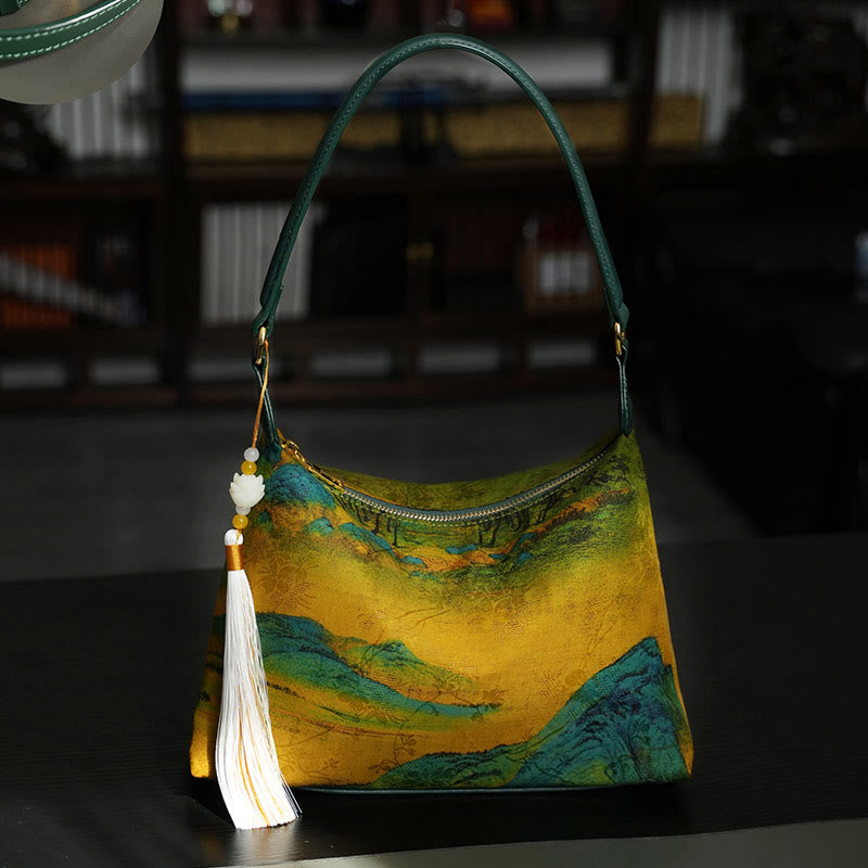 Lotus Bamboo Crane Deer Silk Crossbody Bag 26cm