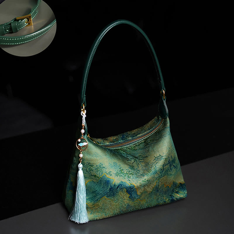 Lotus Bamboo Crane Deer Silk Crossbody Bag 26cm