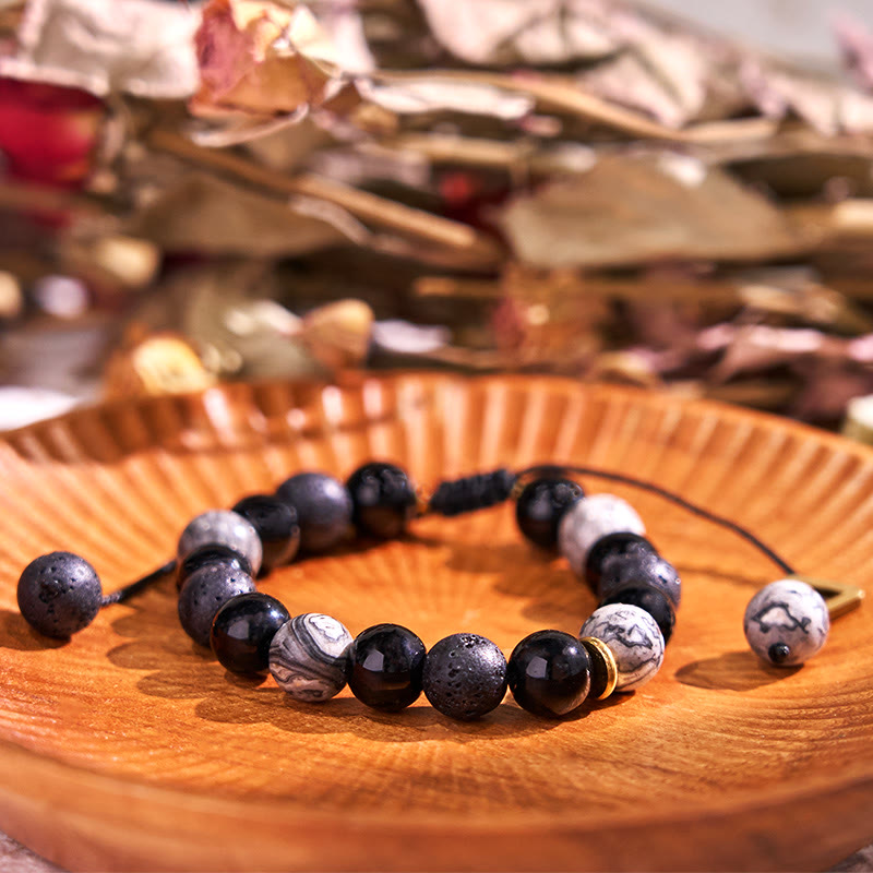 Black Obsidian Lava Rock Yin Yang Bracelet for Strength