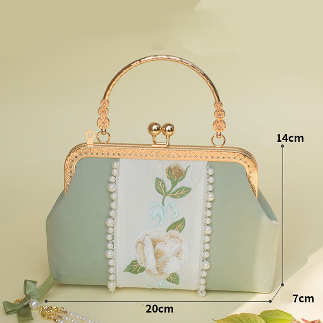 PaleGreen Floral Embroidery Crossbody Bag with Pearl Pendant