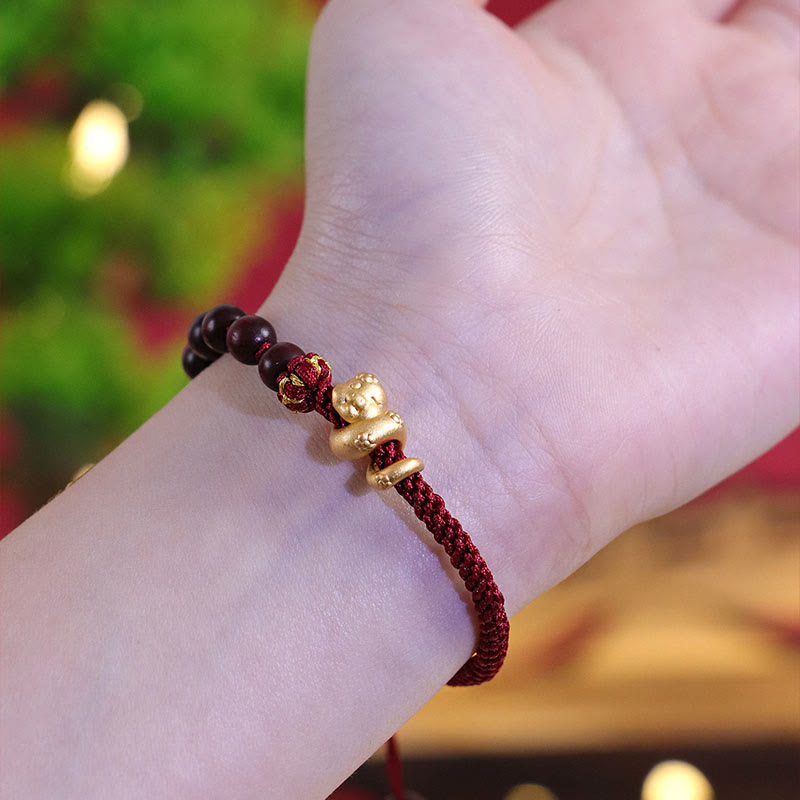 6mm Small Leaf Red Sandalwood Protection Bracelet with Red Rope - Unisex