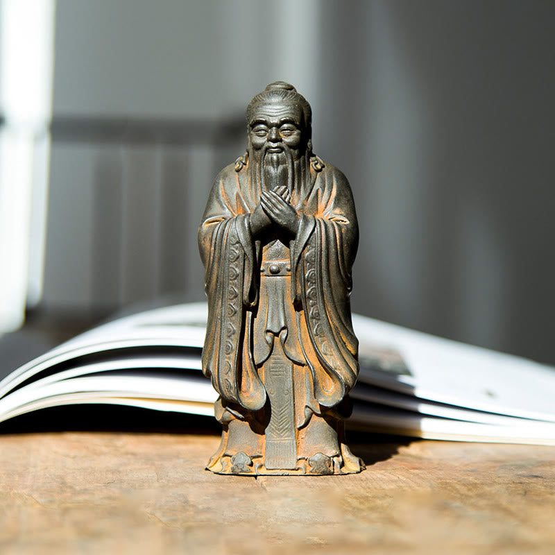 Statue de Confucius en résine de poudre de fer spirituelle faite à la main de 14 cm