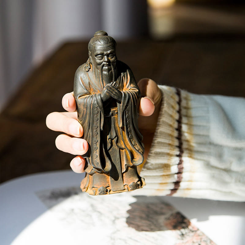 Statue de Confucius en résine de poudre de fer spirituelle faite à la main de 14 cm