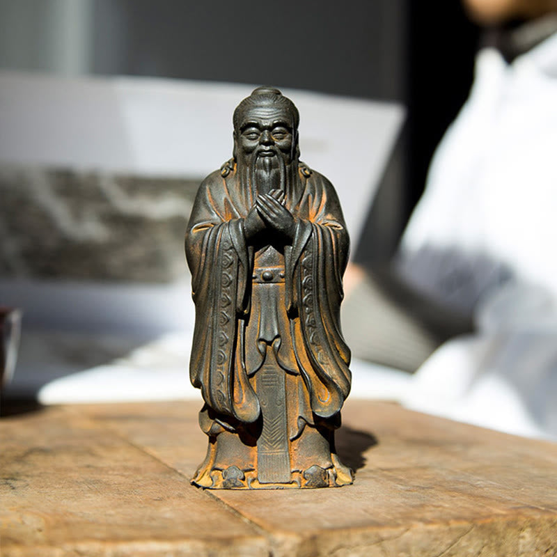 Statue de Confucius en résine de poudre de fer spirituelle faite à la main de 14 cm
