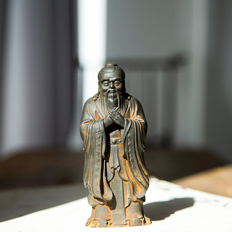 Statue de Confucius en résine de poudre de fer spirituelle faite à la main de 14 cm