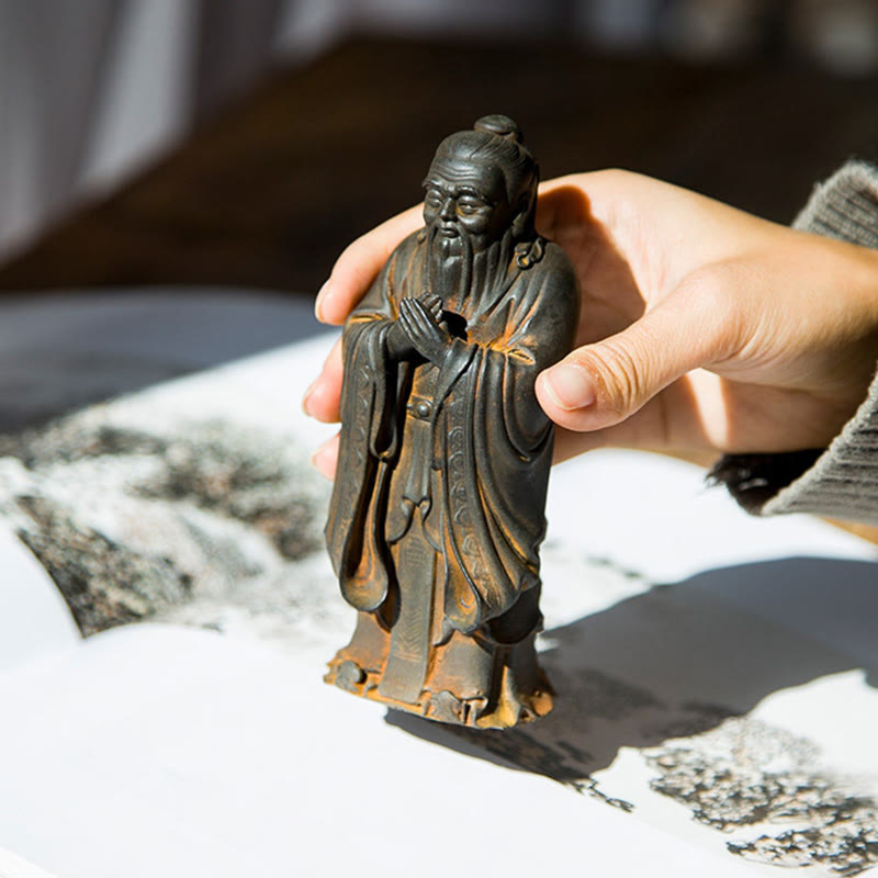 Statue de Confucius en résine de poudre de fer spirituelle faite à la main de 14 cm