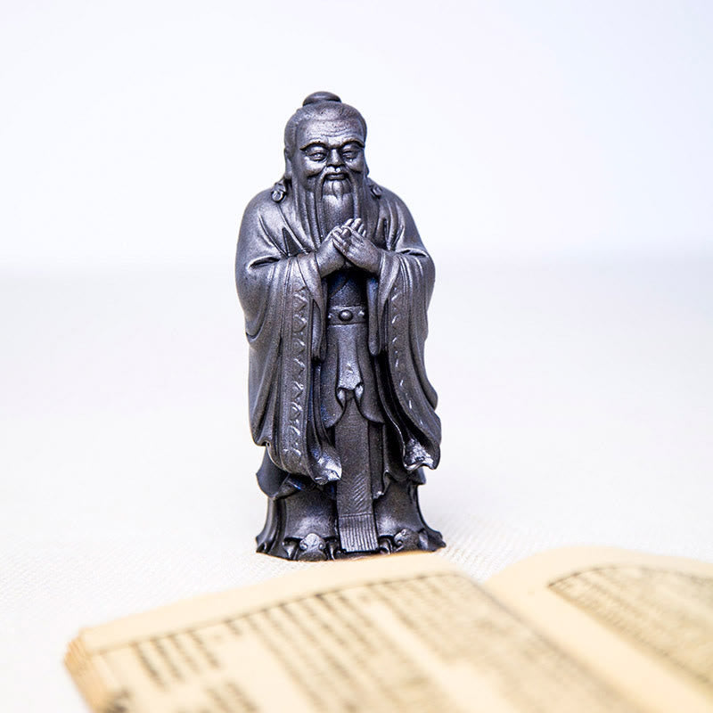 Statue de Confucius en résine de poudre de fer spirituelle faite à la main de 14 cm