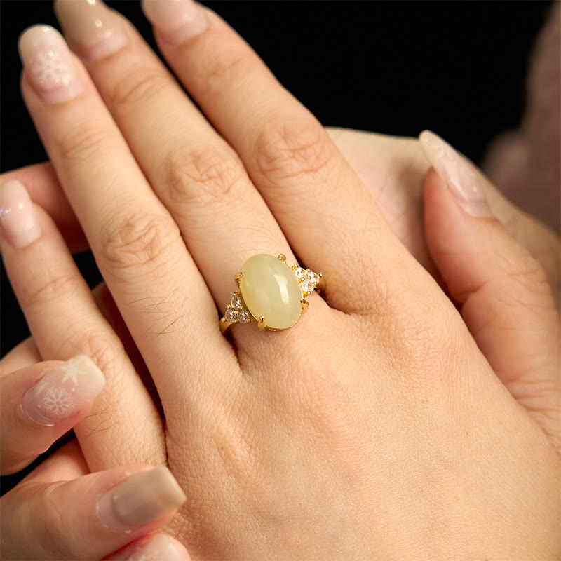 14x10mm Hetian Jade Egg Alloy Ring for Prosperity & Balance