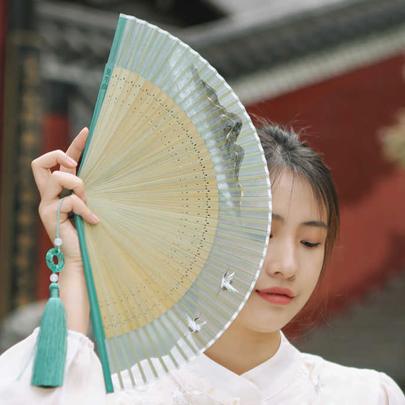 Chinese Folding Fan Silk Bamboo 22.5cm Retro Crane