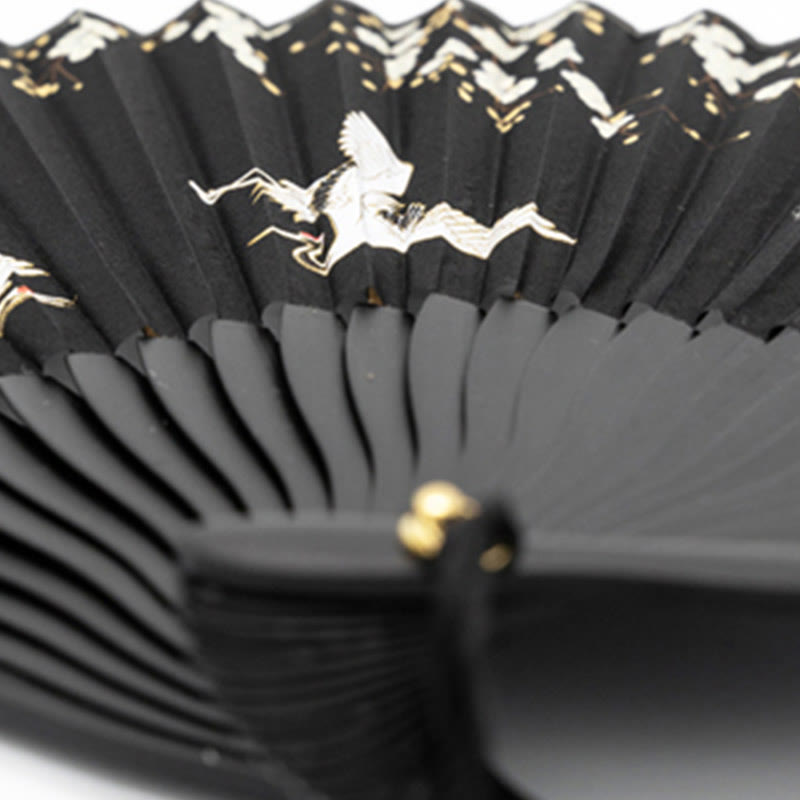 Traditional Black Plum Blossom Crane Silk Fan 18cm