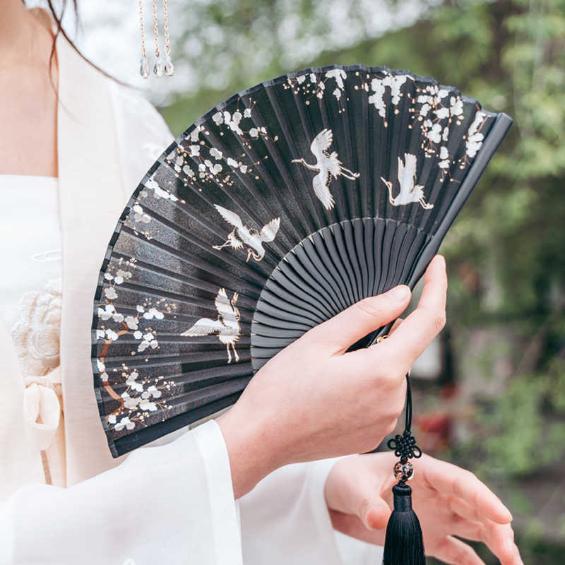 Traditional Black Plum Blossom Crane Silk Fan 18cm