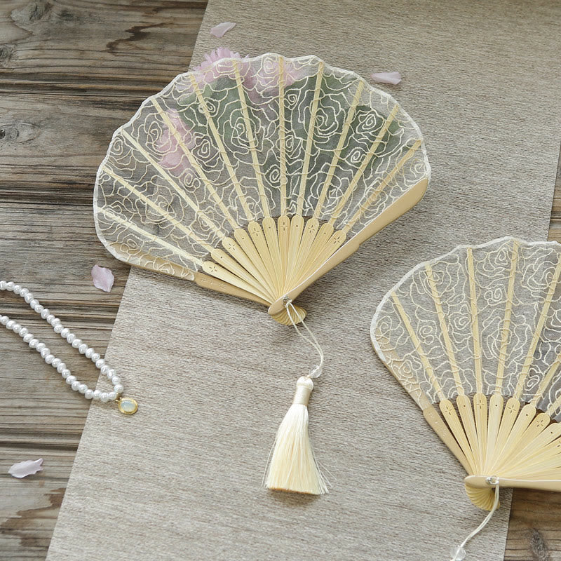 OldLace Rose Embroidery Chinese Folding Fan 22cm