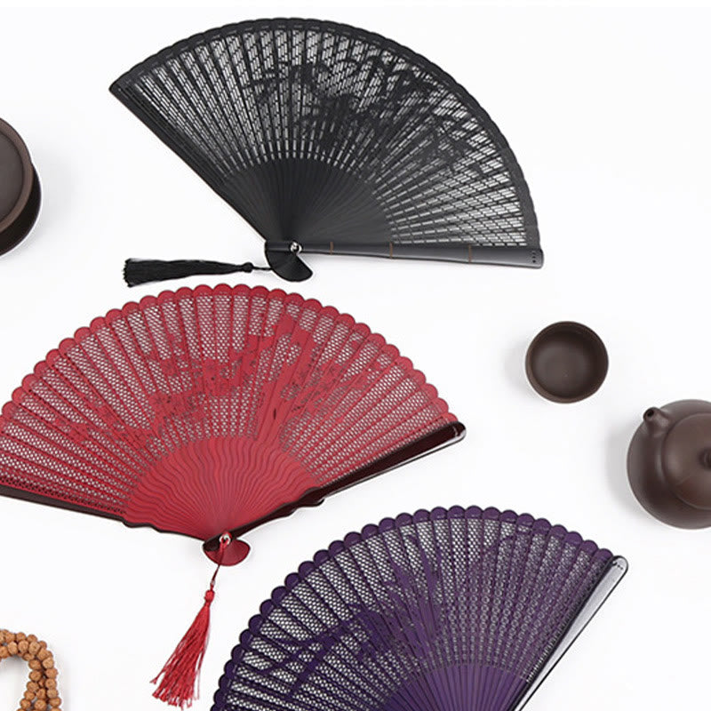 Bamboo Hollow Engraving Folding Fan 20cm Handmade Artistry