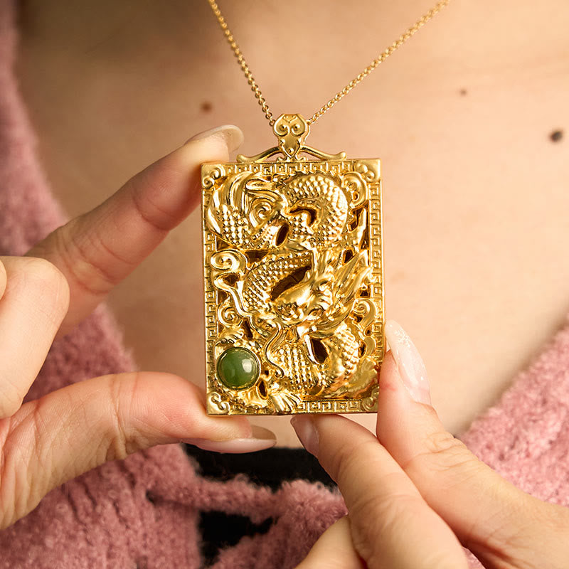 Gold Plated Copper Hetian Jade Dragon Strength Necklace