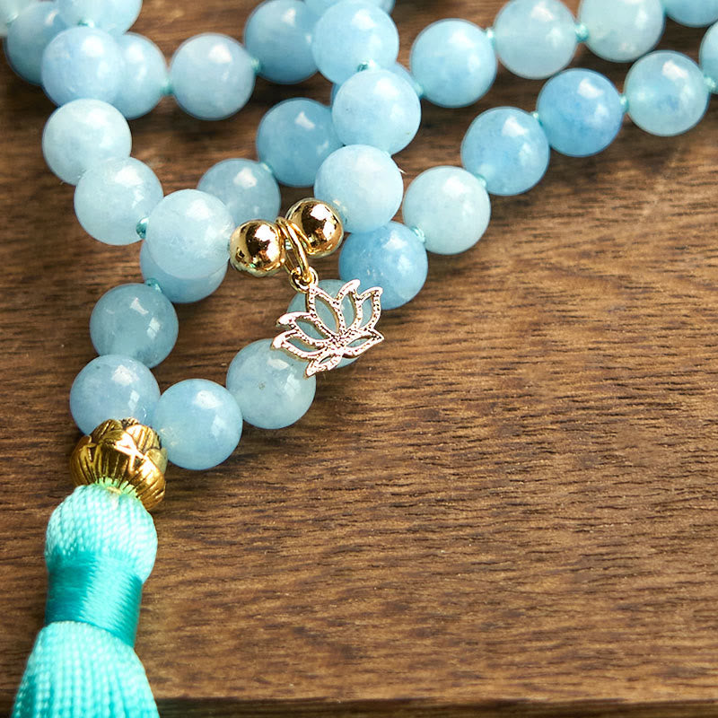 108 Beads Aquamarine Healing Bracelet with Lotus Pendant