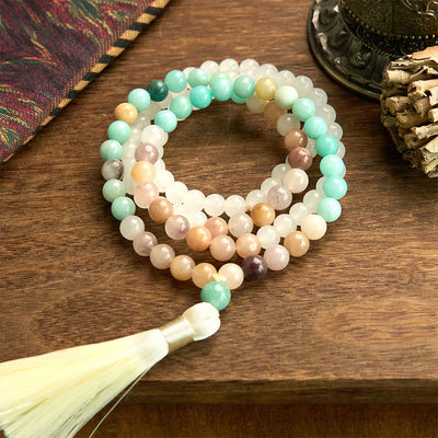 Bracelet Mala de guérison en jade blanc et amazonite à 108 perles