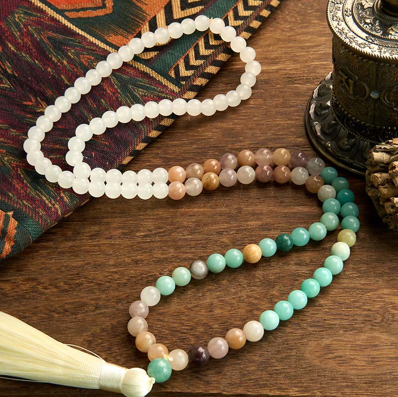 108 Bead White Jade Amazonite Healing Mala Bracelet