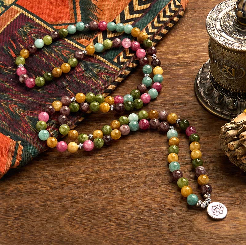 108 Beads Tourmaline Lotus Wisdom Mala Bracelet