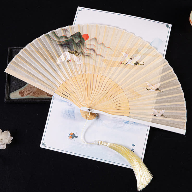 21cm Chinese Folding Fan with Crane & Auspicious Clouds Design