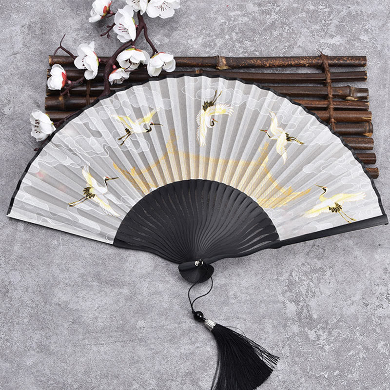 21cm Chinese Folding Fan with Crane & Auspicious Clouds Design