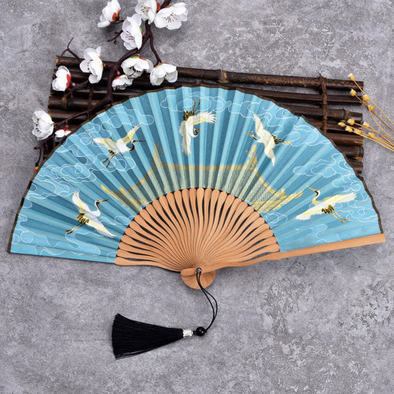 21cm Chinese Folding Fan with Crane & Auspicious Clouds Design