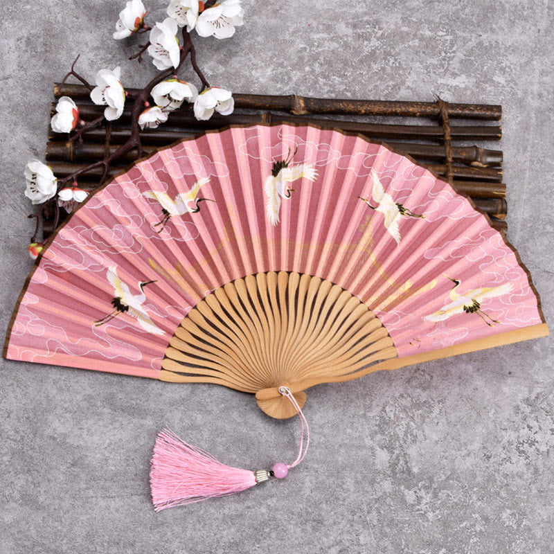 21cm Chinese Folding Fan with Crane & Auspicious Clouds Design