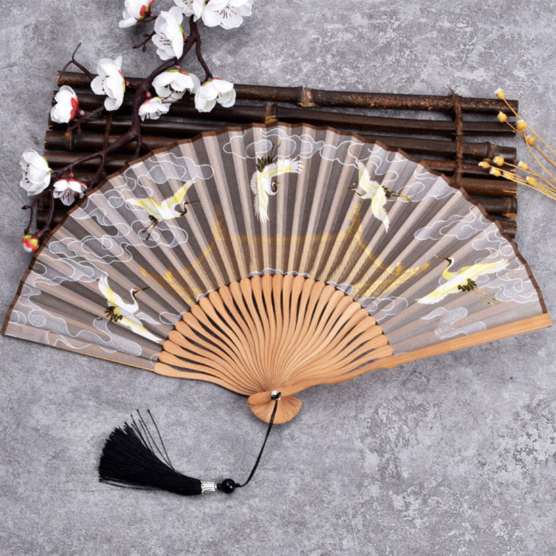 21cm Chinese Folding Fan with Crane & Auspicious Clouds Design