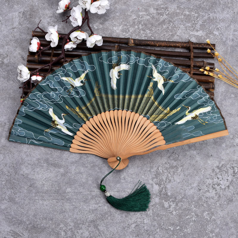 21cm Chinese Folding Fan with Crane & Auspicious Clouds Design