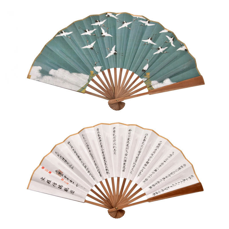 21cm Chinese Folding Fan with Crane & Auspicious Clouds Design