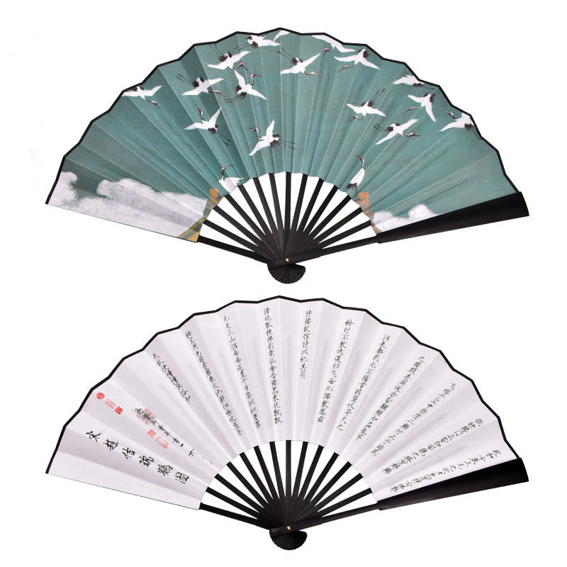 21cm Chinese Folding Fan with Crane & Auspicious Clouds Design