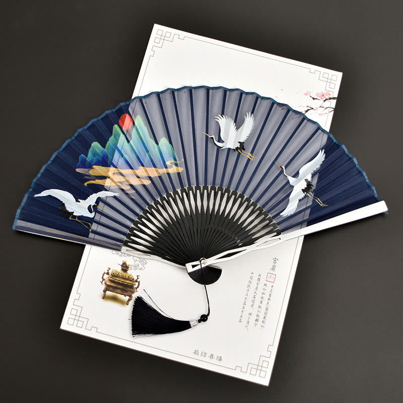 21cm Chinese Folding Fan with Crane & Auspicious Clouds Design