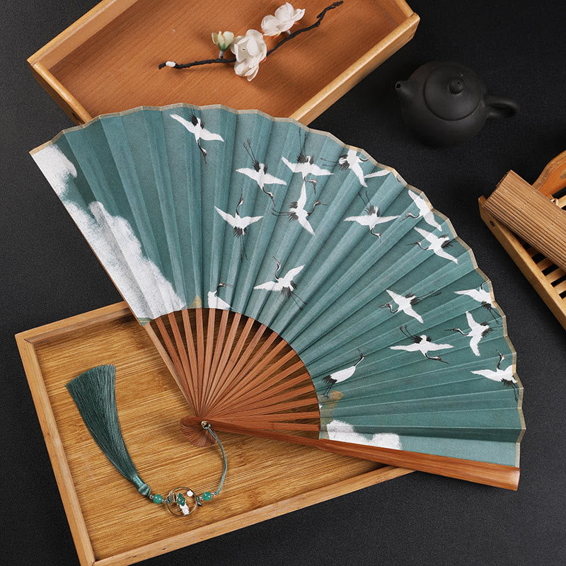 21cm Chinese Folding Fan with Crane & Auspicious Clouds Design