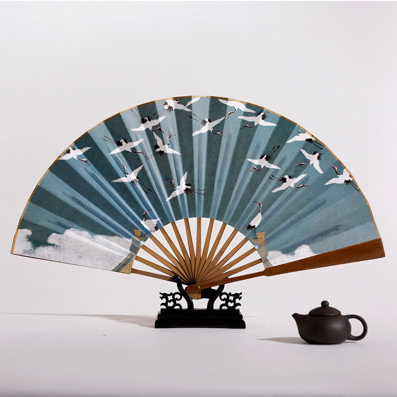 21cm Chinese Folding Fan with Crane & Auspicious Clouds Design