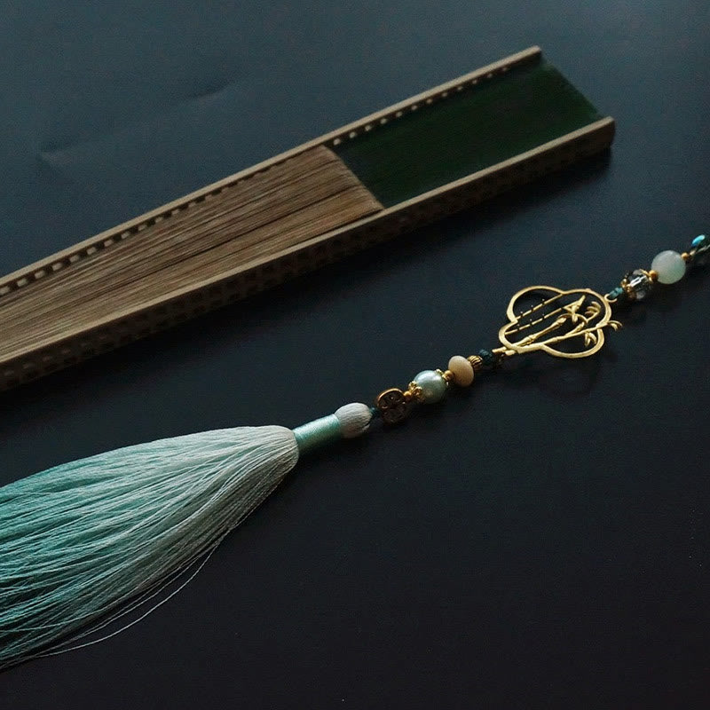 22cm Dark Green Chinese Folding Silk Handheld Bamboo Fan