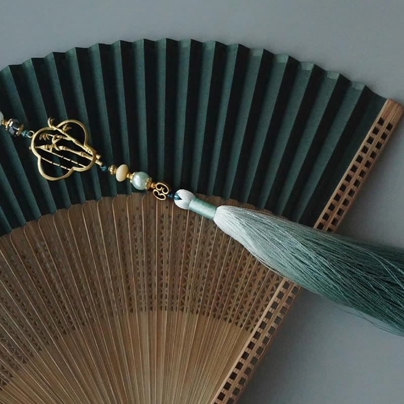 22cm Dark Green Chinese Folding Silk Handheld Bamboo Fan