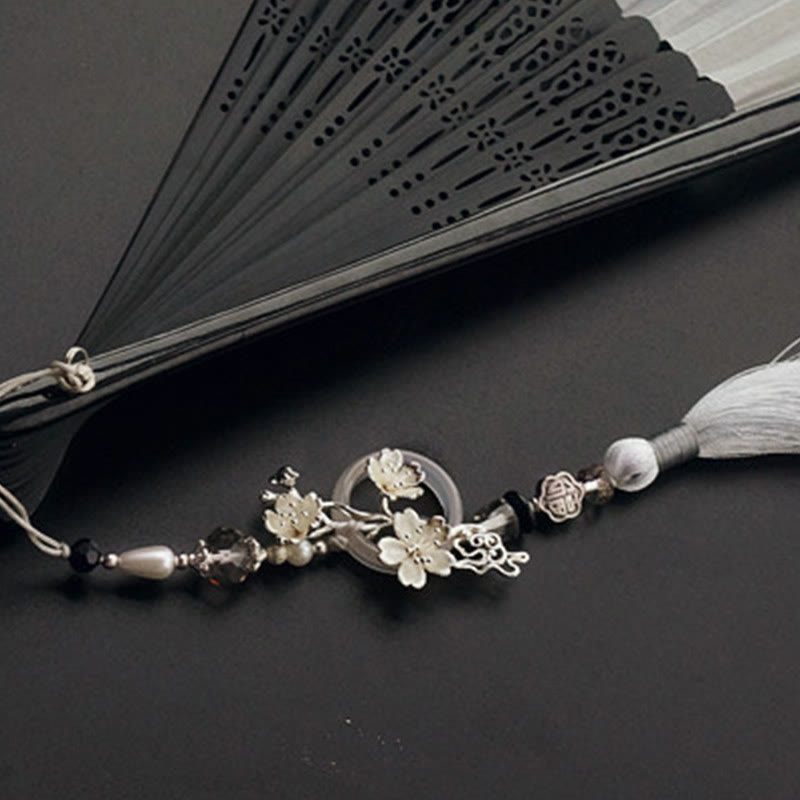 Silk Folding Fan Ink Gradient 22cm with Plum Tassel