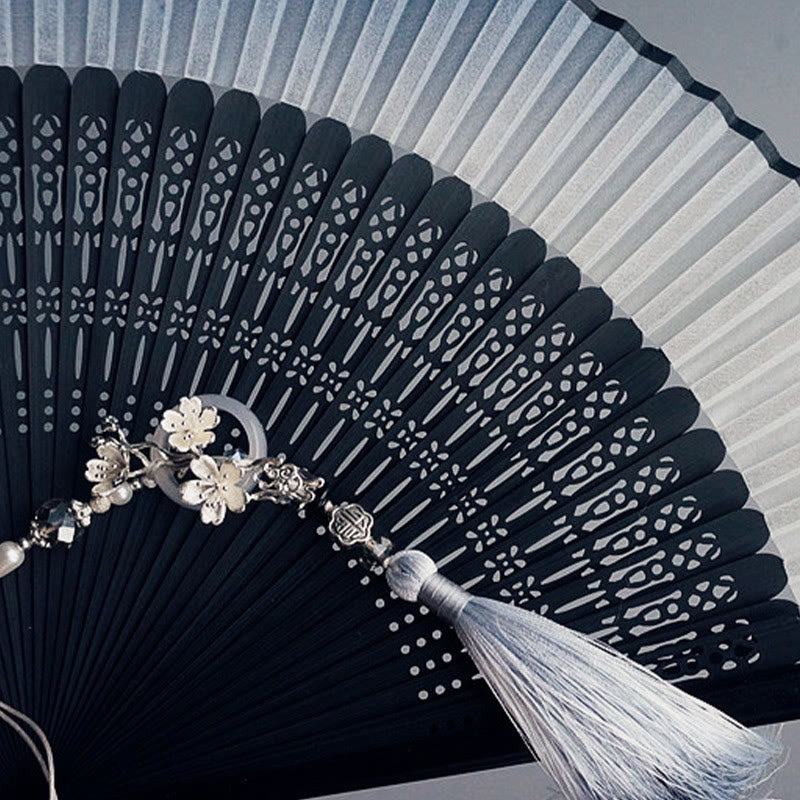 Silk Folding Fan Ink Gradient 22cm with Plum Tassel