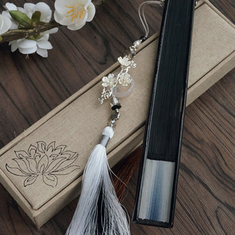 Silk Folding Fan Ink Gradient 22cm with Plum Tassel