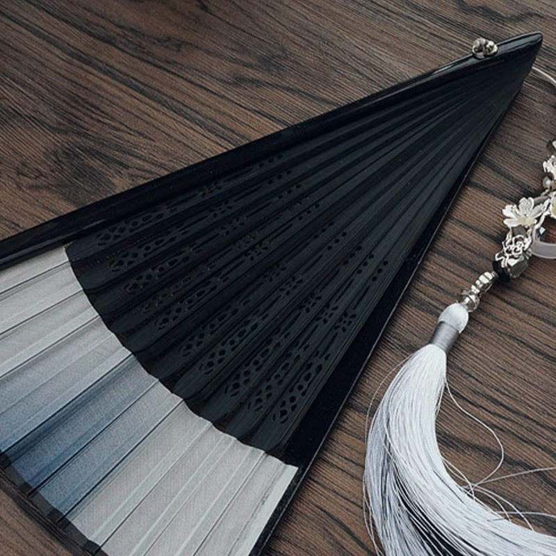 Silk Folding Fan Ink Gradient 22cm with Plum Tassel