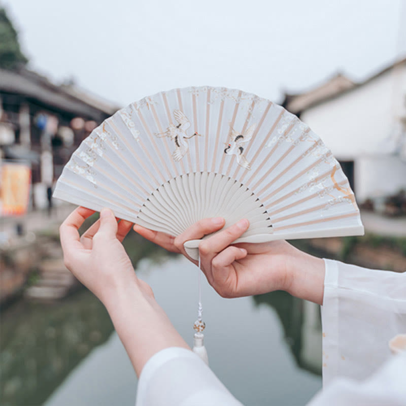 18cm Crane Plum Blossom Chinese Folding Silk Fan