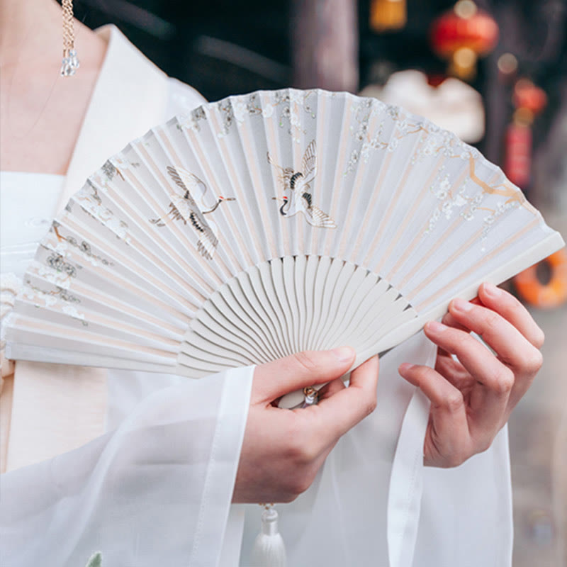 18cm Crane Plum Blossom Chinese Folding Silk Fan