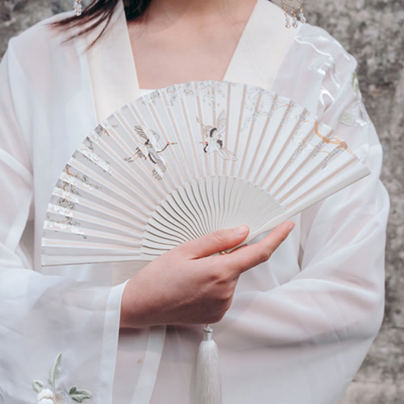 18cm Crane Plum Blossom Chinese Folding Silk Fan